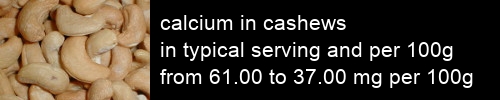 calcium in cashews information and values per serving and 100g