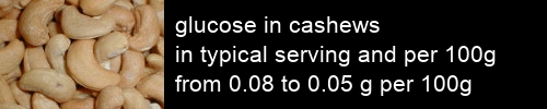 glucose in cashews information and values per serving and 100g