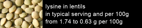 lysine in lentils information and values per serving and 100g