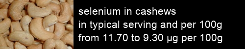 selenium in cashews information and values per serving and 100g