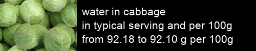 water in cabbage information and values per serving and 100g