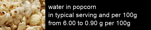 water in popcorn information and values per serving and 100g